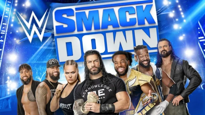 Wrestlers facing off in the ring during WWE SmackDown Episode 1450.