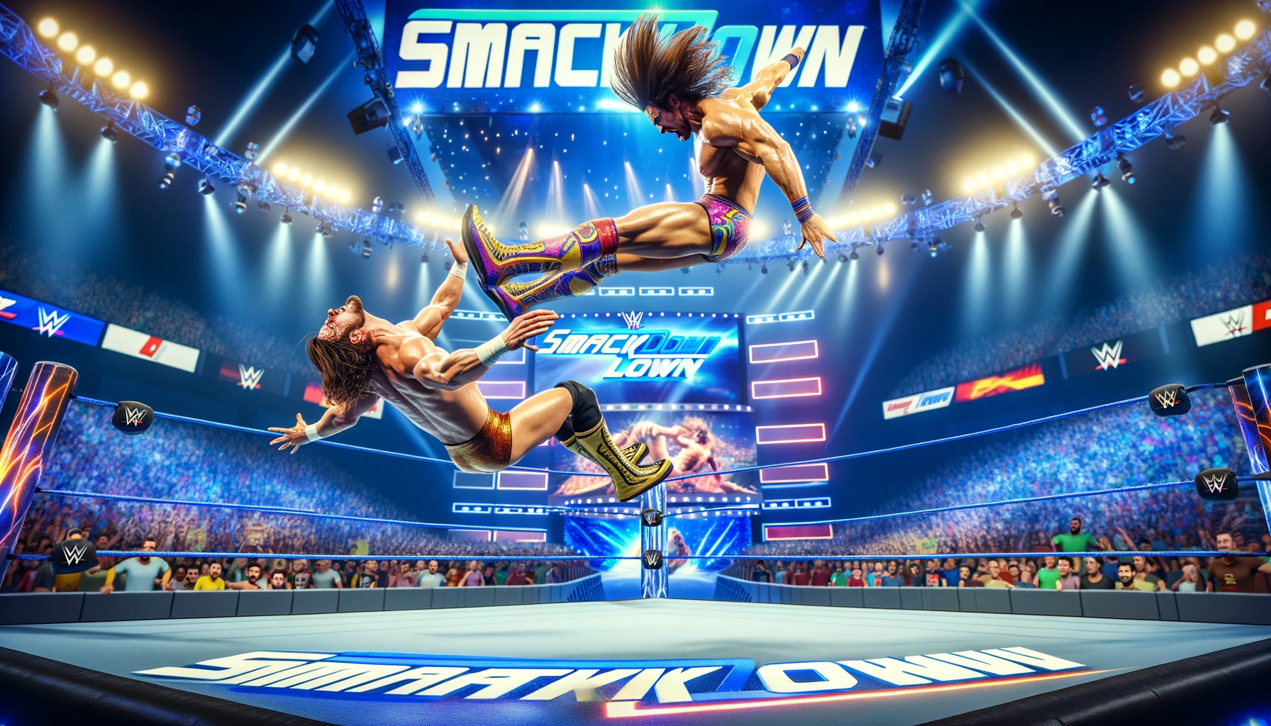 Wrestlers facing off in the ring during WWE SmackDown Episode 1450.