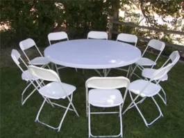 A selection of elegant event furniture available for rent, including round tables, cushioned chairs, and decorative linens.